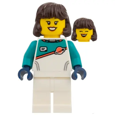  Astronaut - Female, Dark Brown Hair, White Spacesuit with Dark Turquoise Panel and Sleeves
