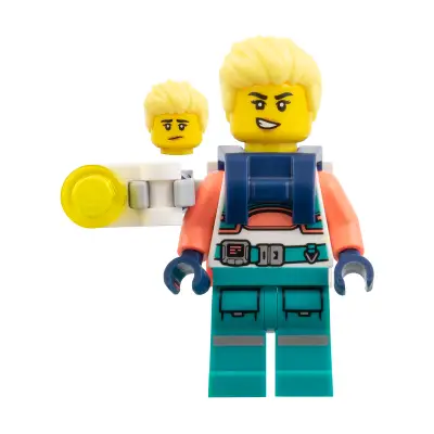  Astronaut - Female, Spacesuit with Dark Turquoise Legs, Coral Arms, Backpack with Light on Armature