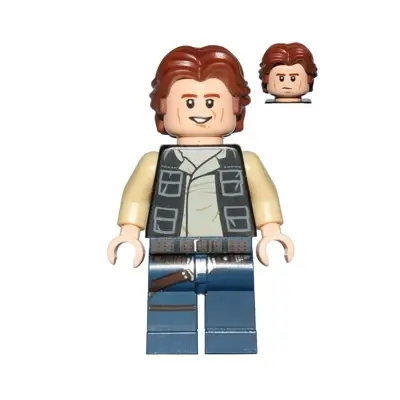  Han Solo - Black Vest with Pockets over Tan Shirt with Dark Tan Creases, Dark Blue Legs with Belts, Wavy Hair