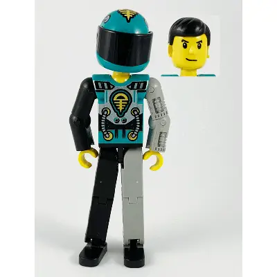  Technic Figure Black/Light Gray Legs, Dark Turquoise Torso with Yellow, Black, Silver Pattern, Light Gray Mechanical Left Arm, Printed Helmet