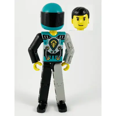  Technic Figure Black/Light Gray Legs, Dark Turquoise Torso with Yellow, Black, Silver Pattern, Light Gray Mechanical Left Arm, Dark Turquoise Helmet