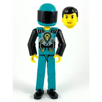  Technic Figure Dark Turquoise Legs, Dark Turquoise Torso with Yellow, Black, Silver Pattern, Black Arms, Dark Turquoise Helmet, Black Visor