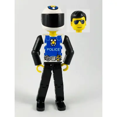  Technic Figure Black Legs, White Top with Police Logo, Black Arms, White Helmet, Black Visor