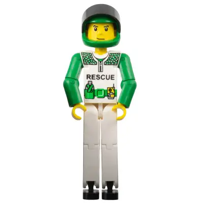  Technic Figure White Legs, White Torso with Black 'RESCUE' and Green Belt, Green Arms, Green Helmet, Black Visor - Without Sticker