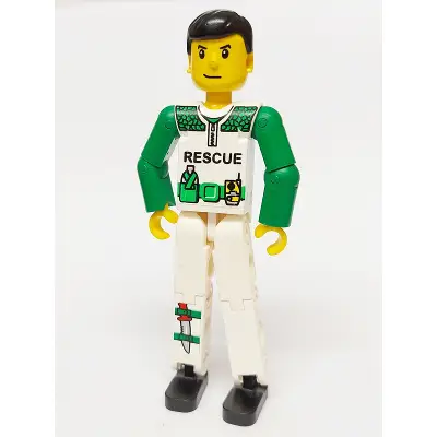  Technic Figure White Legs, White Torso with Black 'RESCUE' and Green Belt, Green Arms - With Sticker