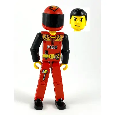  Technic Figure Red Legs, Red Top with Black 'FIRE', Black Arms (Fireman), Red Helmet with Flame, Black Visor - With Sticker
