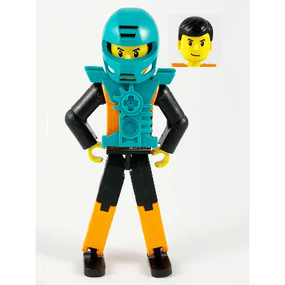  Technic Figure Orange/Black Legs, Orange Torso with Silver Pattern, Black Arms, Black Hair, Dark Turquoise Helmet and Armor