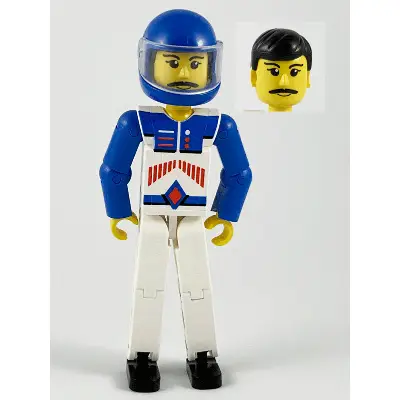  Technic Figure White Legs, White Top with Red Arrow-Type Stripes Pattern, Blue Arms, Blue Helmet