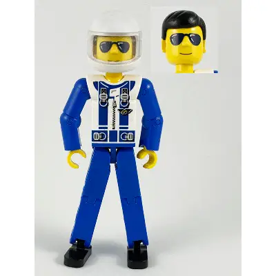  Technic Figure Blue Legs, White Top with Zipper and Blue Shoulder Harness Pattern, Blue Arms, White Helmet, Trans-Clear Visor