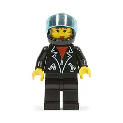  Leather Jacket with Zippers - Black Legs, Black Helmet, Trans-Light Blue Visor, Female