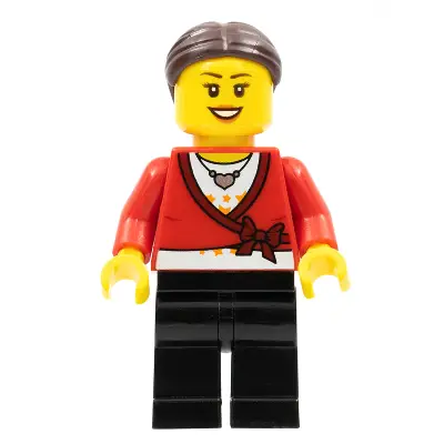 LEGO Brand Store Female, Sweater Cropped with Bow, Heart Necklace, Black Legs, Dark Brown Hair with Bun