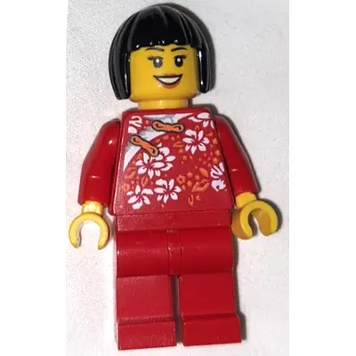 LEGO Brand Store - Female, Red Qipao and Legs, Black Bob Cut Hair, 'LEGO Store 2021' on Back