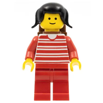  Horizontal Lines Red - Red Arms - Red Legs, Black Pigtails Hair, Brown Backpack