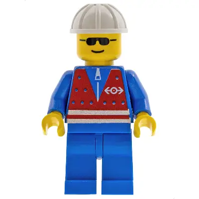  Red Vest and Zipper - Blue Legs, White Construction Helmet, Sunglasses