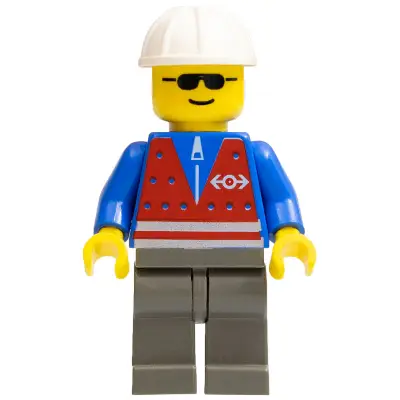  Red Vest and Zipper - Dark Gray Legs, White Construction Helmet, Sunglasses