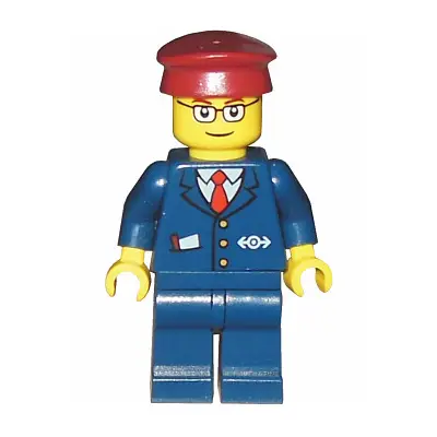  Dark Blue Suit with Train Logo, Dark Blue Legs, Dark Red Hat, Rectangular Glasses - Passenger Train Engineer