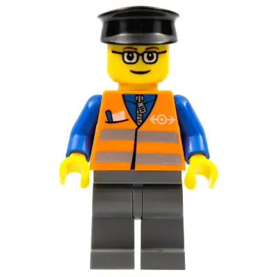  Orange Vest with Safety Stripes - Dark Bluish Gray Legs, Glasses, Black Hat