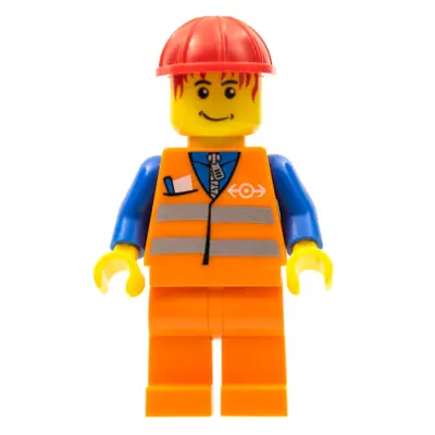  Orange Vest with Safety Stripes - Orange Legs, Red Construction Helmet, Red Bangs