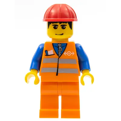  Orange Vest with Safety Stripes - Orange Legs, Red Construction Helmet, Black Hair, Eyebrows, and Smirk