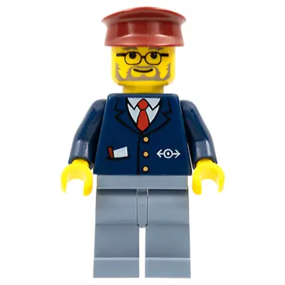  Train Conductor - Male, Dark Blue Suit, Sand Blue Legs, Dark Red Hat