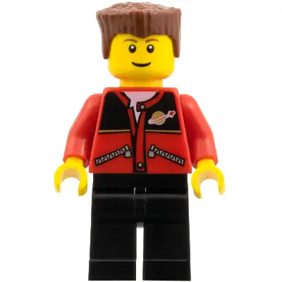  Red Jacket with Zipper Pockets and Classic Space Logo, Black Legs, Reddish Brown Flat Top Hair