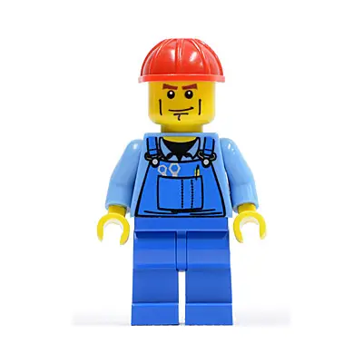  Overalls with Tools in Pocket Blue, Red Construction Helmet, Cheek Lines