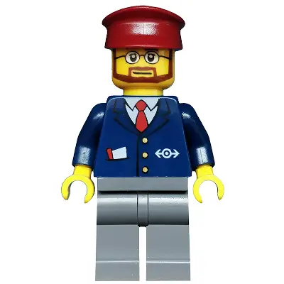  Dark Blue Suit with Train Logo, Dark Bluish Gray Legs, Dark Red Hat, Beard and Glasses