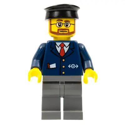  Dark Blue Suit with Train Logo, Dark Bluish Gray Legs, Black Hat, Beard and Glasses