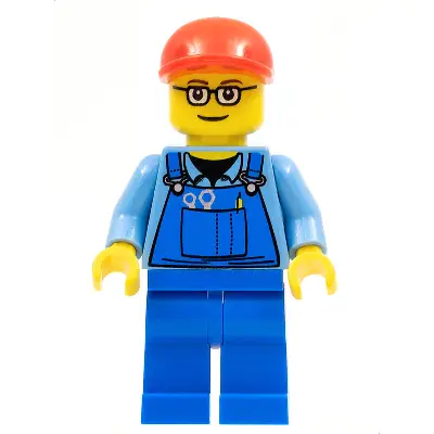  Overalls with Tools in Pocket, Blue Legs, Red Short Bill Cap, Glasses with Brown Thin Eyebrows