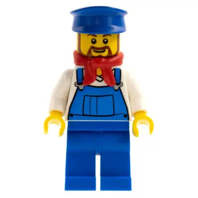  Overalls Blue over V-Neck Shirt, Blue Legs, Blue Hat, Brown Beard Rounded - Cargo Train Driver