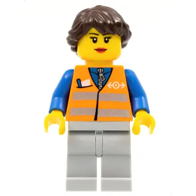  Orange Vest with Safety Stripes - Light Bluish Gray Legs, Dark Brown Hair Ponytail Long French Braided