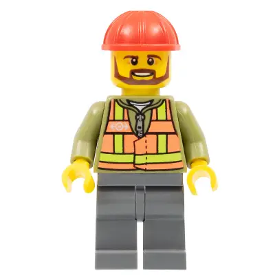  Light Orange Safety Vest, Dark Bluish Gray Legs, Red Construction Helmet, Brown Beard