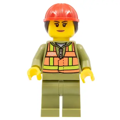  Train Worker - Female, Orange Safety Vest with Lime Straps, Olive Green Legs, Red Construction Helmet with Dark Brown Ponytail Hair