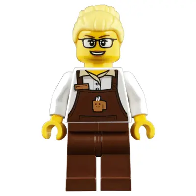  Barista - Female, Reddish Brown Apron with Cup and Name Tag, Reddish Brown Legs, Bright Light Yellow Hair, Glasses