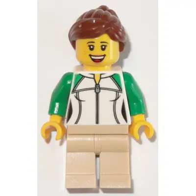  Train Passenger - Female, White and Green Sweatshirt with Zipper, Tan Legs, Reddish Brown Hair with Ponytail, Freckles