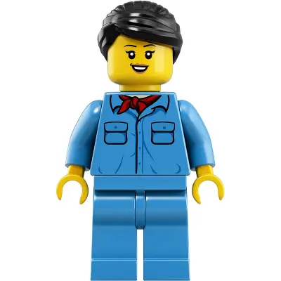  Train Worker - Female, Black Hair, Medium Blue Shirt with Red Bandana, Medium Blue Legs