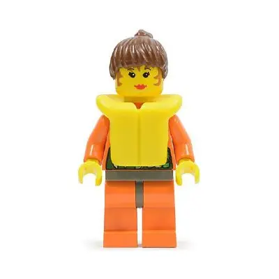  Orange Rock Raiders Shirt, Brown Ponytail Hair, Life Jacket