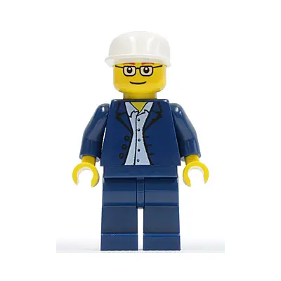  Dark Blue Jacket, Light Blue Shirt, Dark Blue Legs, Square Glasses, White Cap