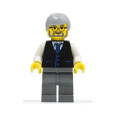  Black Vest with Blue Striped Tie, Dark Bluish Gray Legs, White Arms, Light Bluish Gray Male Hair, Glasses