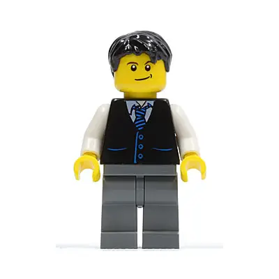  Black Vest with Blue Striped Tie, Dark Bluish Gray Legs, White Arms, Black Short Tousled Hair