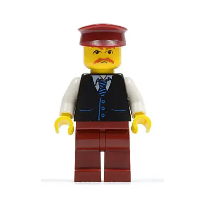  Black Vest with Blue Striped Tie, Dark Red Legs, White Arms, Dark Red Hat, Moustache