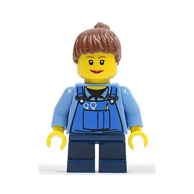  Overalls with Tools in Pocket Blue, Reddish Brown Ponytail Hair, Lipstick, Dark Blue Short Legs