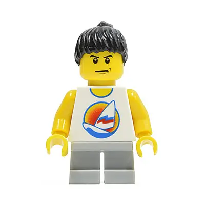  Surfboard on Ocean - Light Bluish Gray Short Legs, Black Ponytail Hair