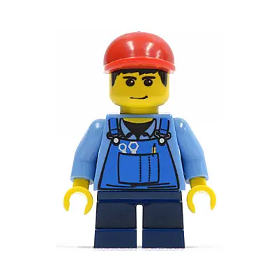  Overalls with Tools in Pocket Blue, Red Short Bill Cap, Dark Blue Short Legs