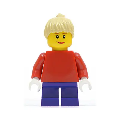  Plain Red Torso with Red Arms, Dark Purple Short Legs, Tan Female Ponytail Hair, Brown Eyebrows