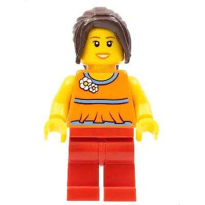  Orange Halter Top with Medium Blue Trim and Flowers Pattern, Red Legs, Dark Brown Hair Ponytail Long with Side Bangs