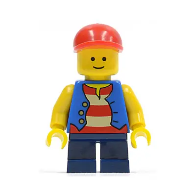  Vest over Red and White Striped Shirt, Dark Blue Short Legs, Red Short Bill Cap