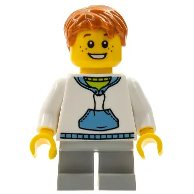  Child - Boy, White Hoodie with Medium Blue Pocket, Light Bluish Gray Short Legs, Dark Orange Tousled Hair, Freckles