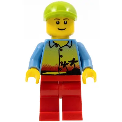  Sunset and Palm Trees - Male, Red Legs, Lime Short Bill Cap, Thin Grin