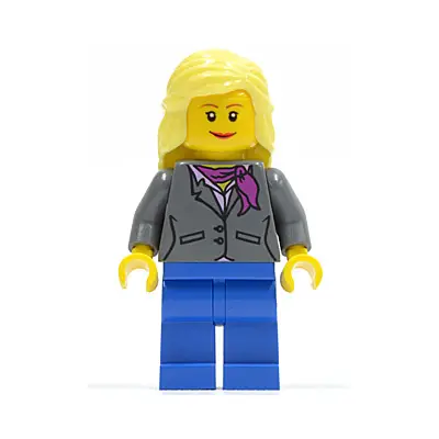  Dark Bluish Gray Jacket with Magenta Scarf, Blue Legs, Bright Light Yellow Female Hair Mid-Length